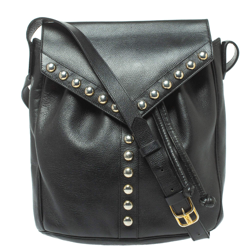 Yves Saint Laurent Black Leather Studded Y Flap Shoulder Bag