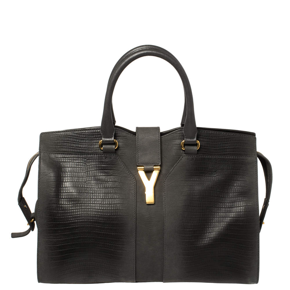 Pre Owned Yves Saint Laurent Grey Lizard Embossed Leather Medium Cabas Y-Ligne Tote
