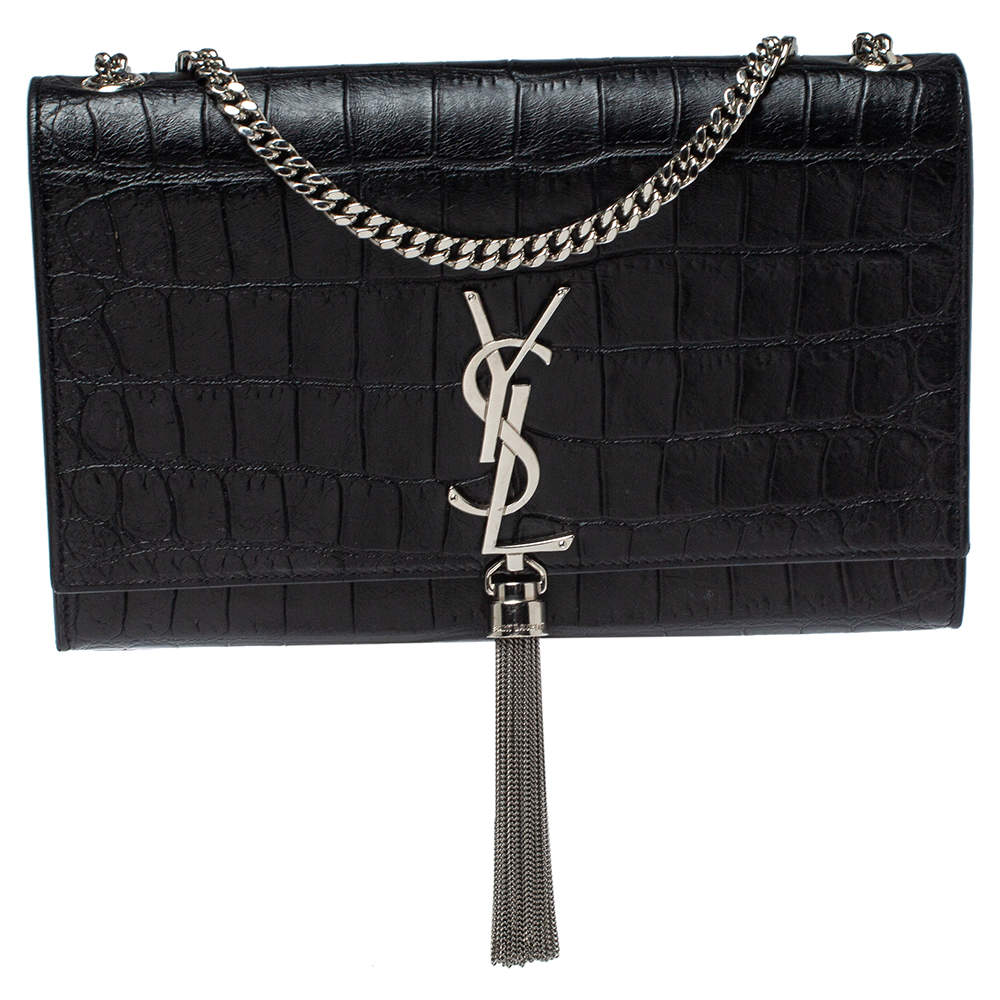 Saint Laurent Black Croc Embossed Leather Kate Monogram Shoulder Bag Saint Laurent Paris The