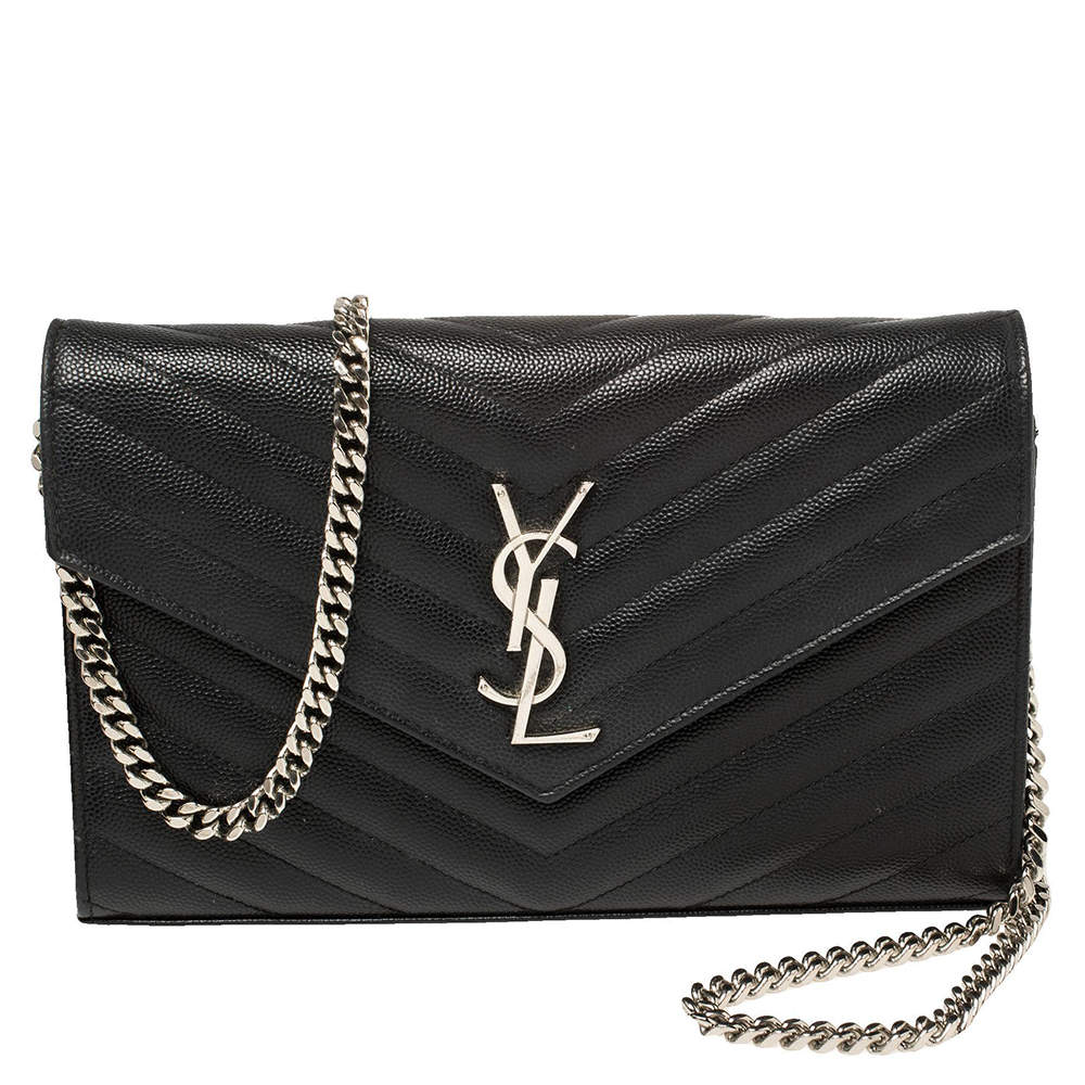Pre Owned Saint Laurent Black Matelasse Leather Monogram Envelope Wallet on Chain
