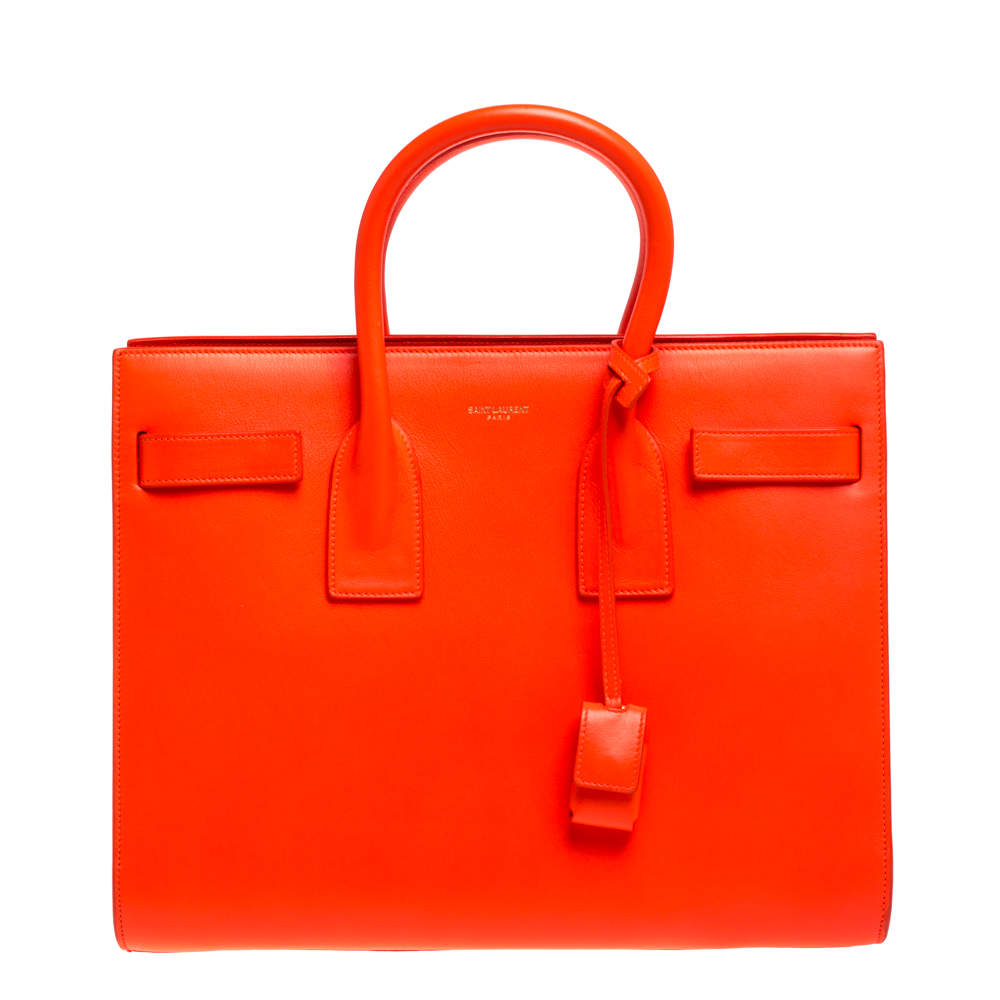 حقيبة يد سان لوران ساك دو جور كلاسيكية صغيرة جلد برتقالي نيون
