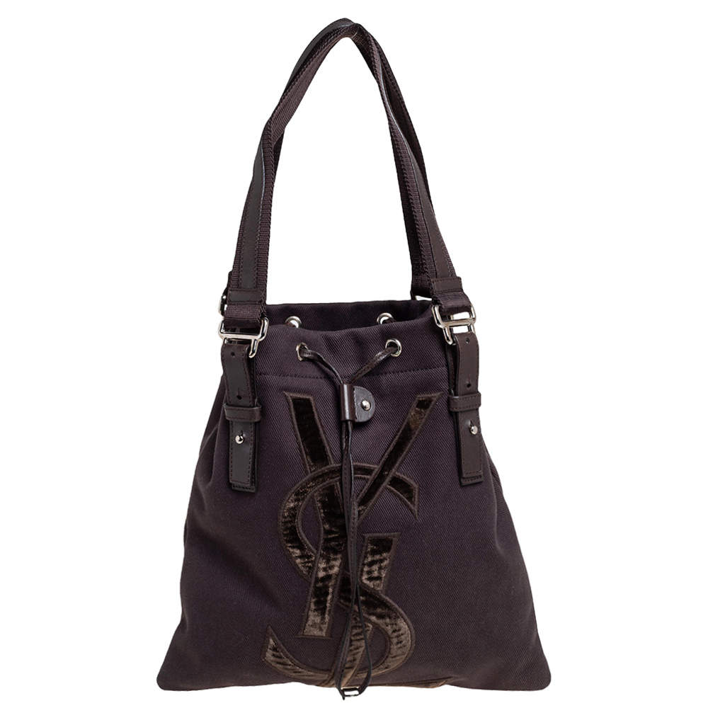 Yves Saint Laurent Chocolate Brown Canvas and Velvet Kahala Drawstring Tote  Yves Saint Laurent