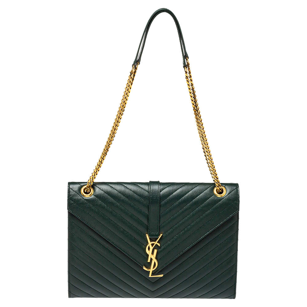 Pre Owned Saint Laurent Green Matelasse Leather Large Cassandre Flap Bag