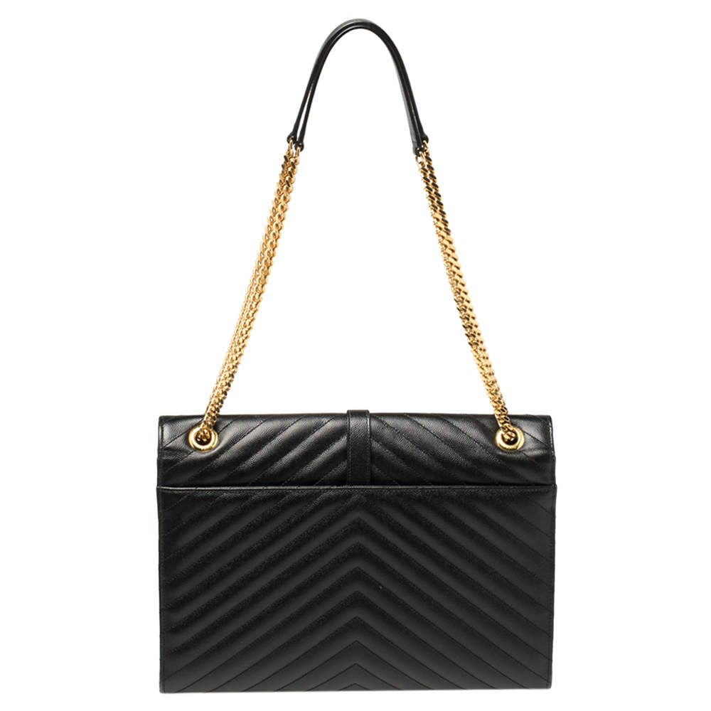 Pre Owned Saint Laurent Black Chevron Leather Large Cassandre Flap Bag