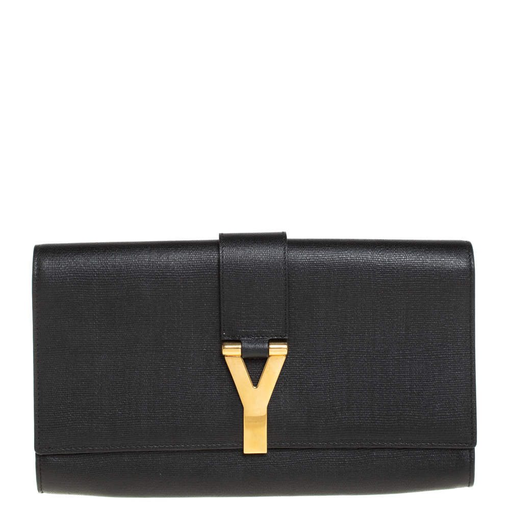 Pre Owned Yves Saint Laurent Black Textured Leather Y-Ligne Clutch