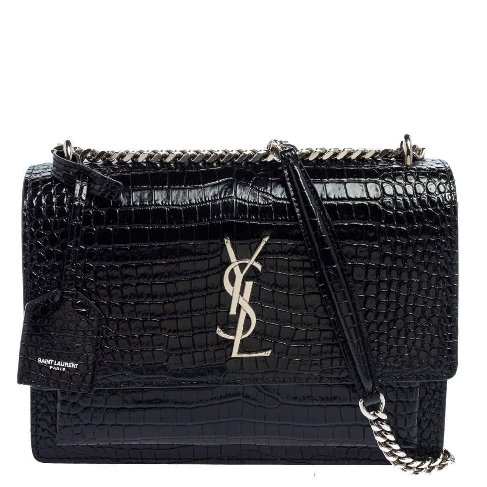 مملوكة مسبقًا Saint Laurent Black Shiny Croc Embossed Leather Medium Sunset Shoulder Bag