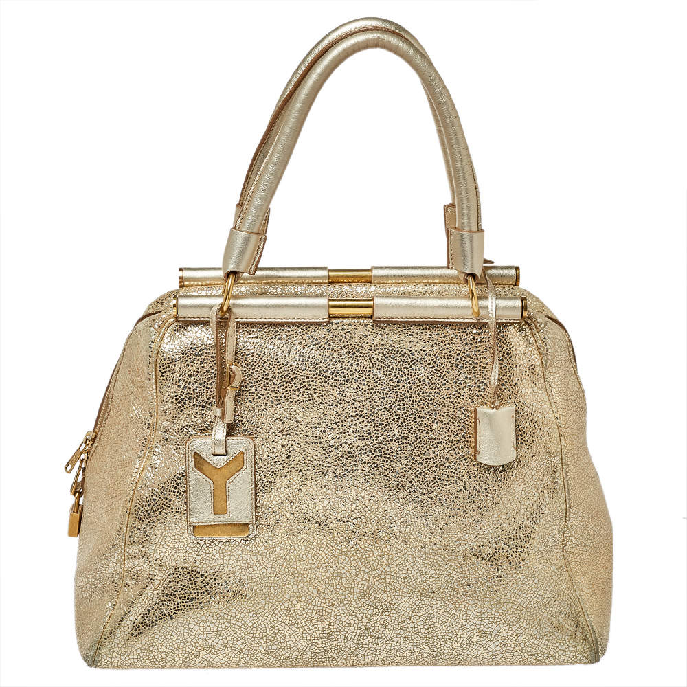 Pre Owned Saint Laurent Metallic Gold Textured Leather Medium Majorelle Tote 