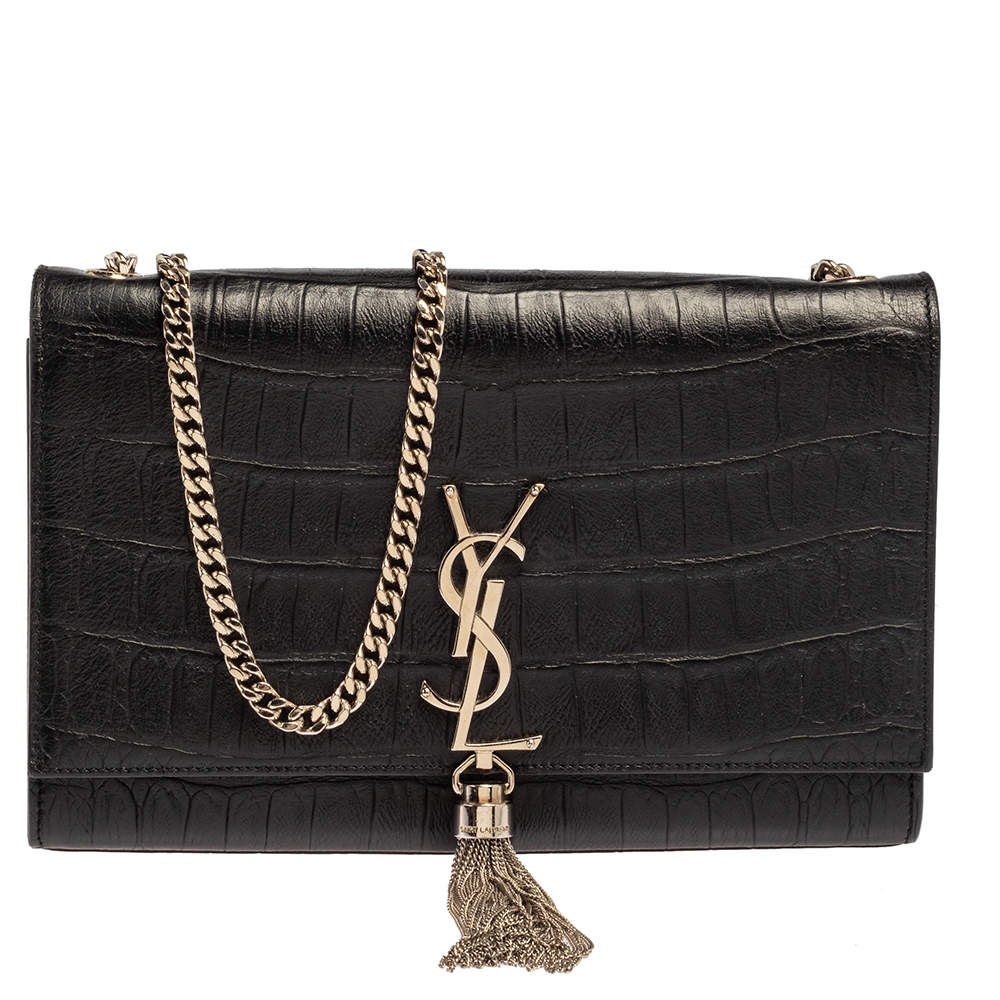 Pre Owned Saint Laurent Black Croc Embossed Leather Medium Kate Tassel Shoulder Bag