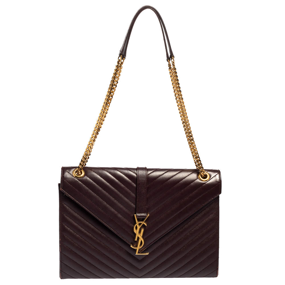 Pre Owned Saint Laurent Burgundy Chevron Quilted Leather Monogram Envelope Shoulder Bag