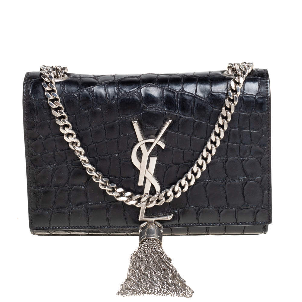Saint Laurent Black Croc Embossed Leather Small Kate Tassel Crossbody Bag
