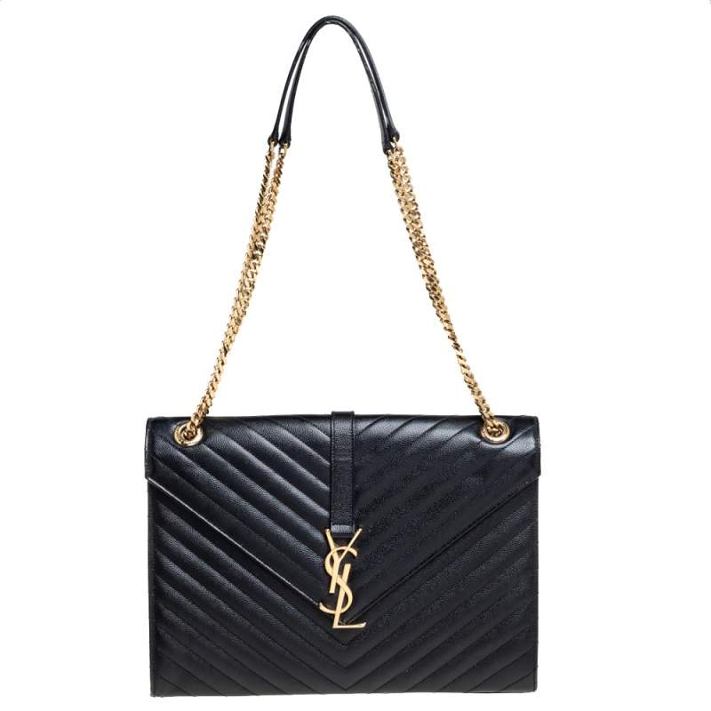 مملوكة مسبقًا Saint Laurent Black Chevron Quilted Leather Monogram Envelope Shoulder Bag