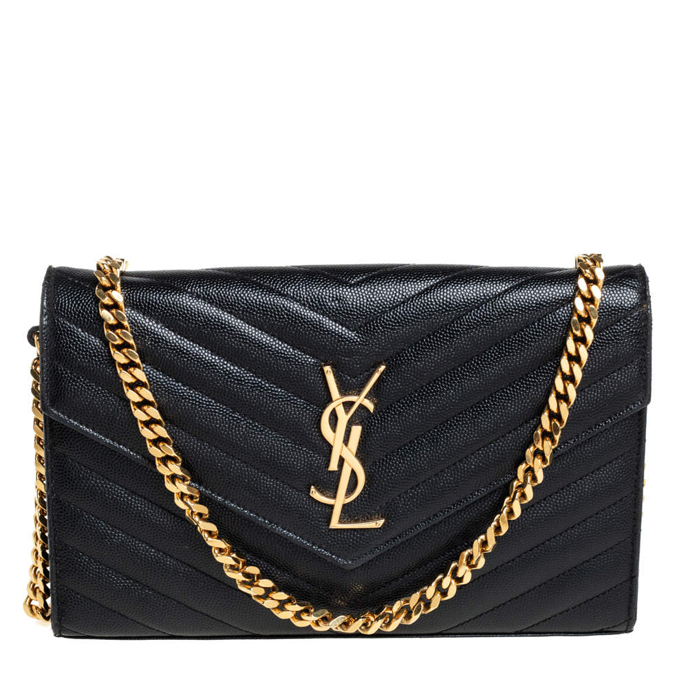 Pre Owned Saint Laurent Black Matelasse Leather Monogram Envelope Wallet on Chain