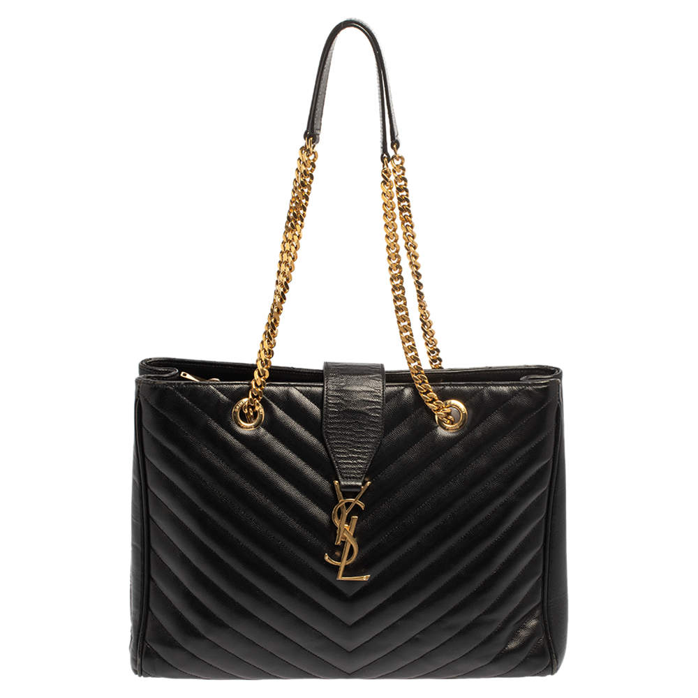 Pre Owned Saint Laurent Black Matelasse Leather Cassandre Shopper Tote