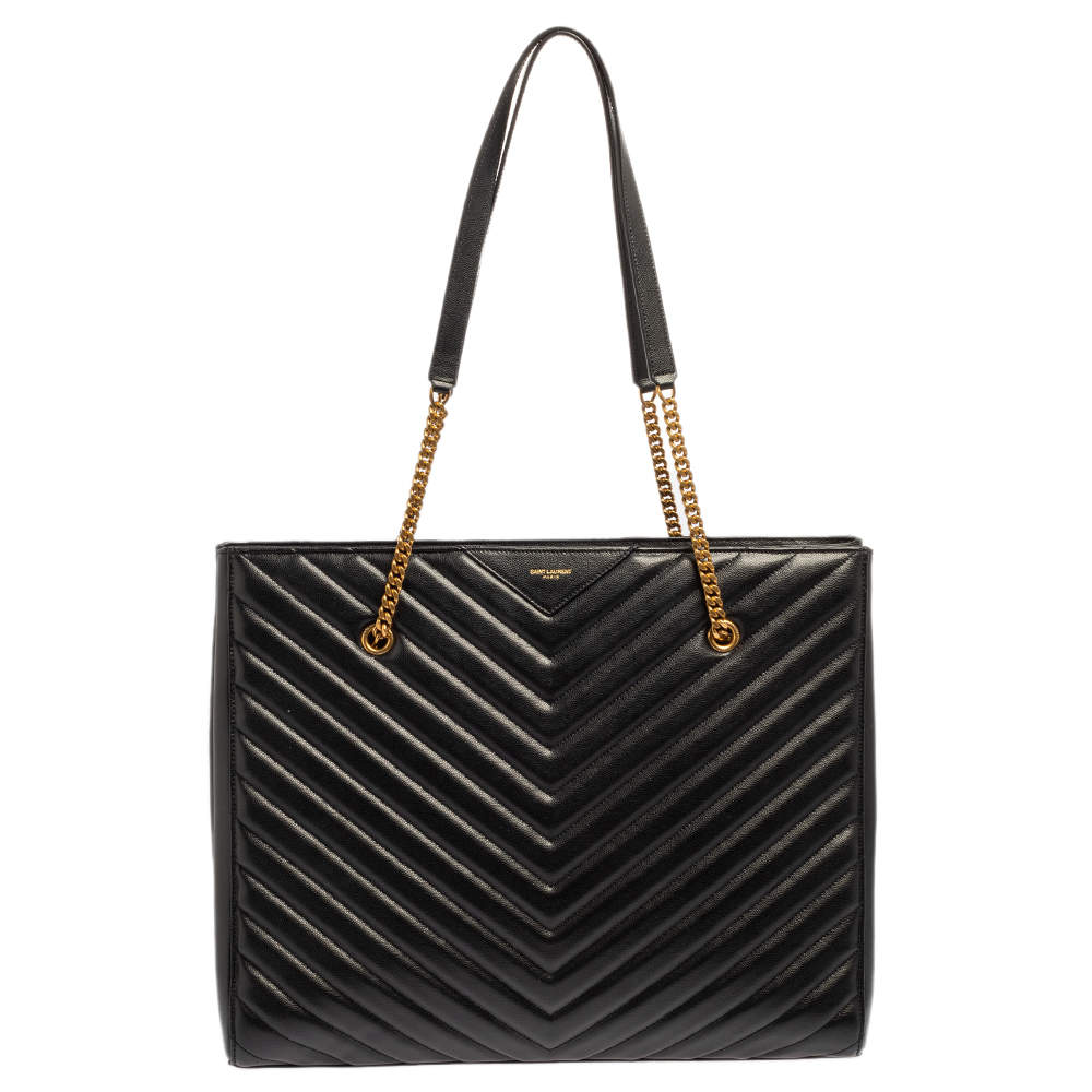 Pre Owned Saint Laurent Black Matelassé Leather Tribeca Chain Tote