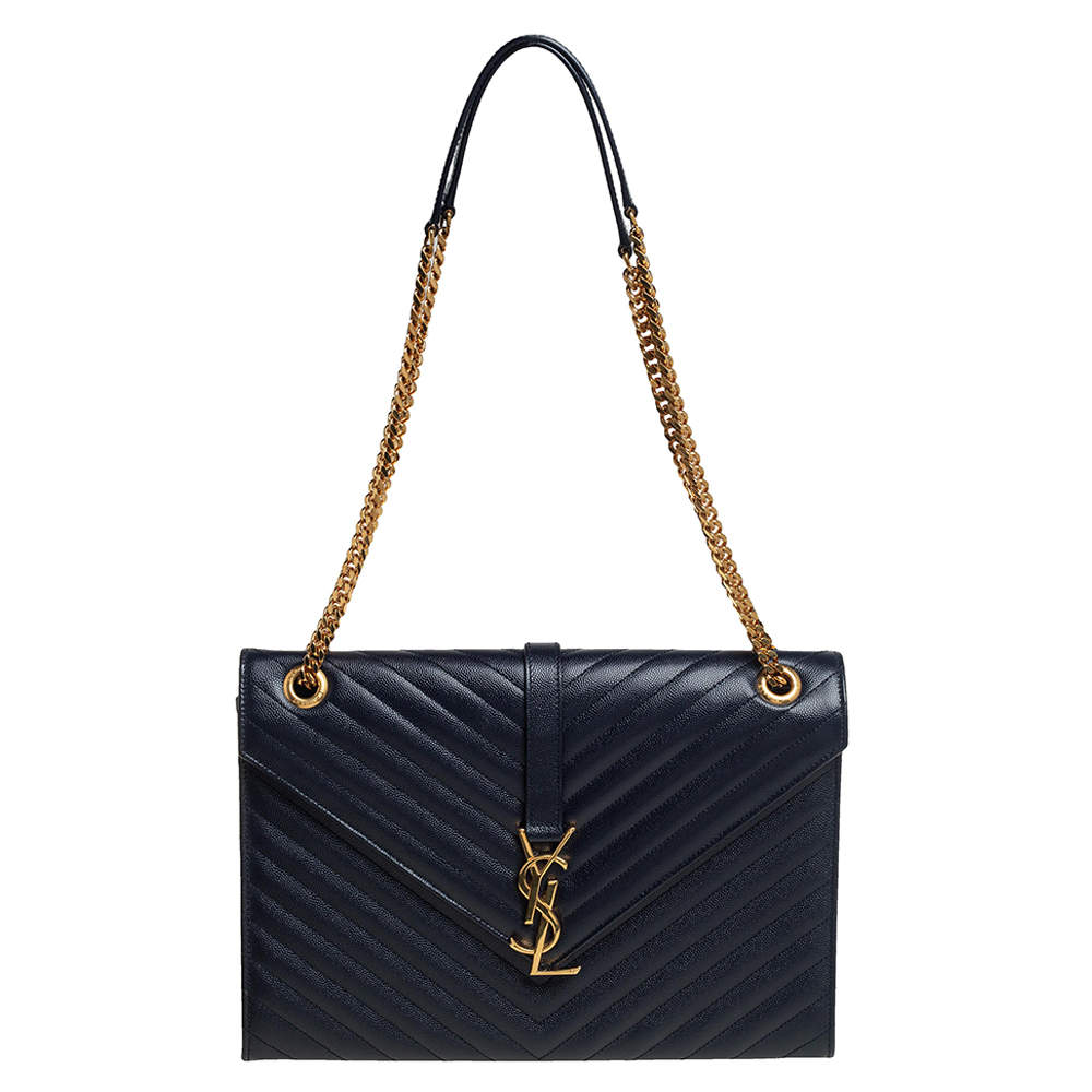 Pre Owned Saint Laurent Blue Chevron Quilted Leather Monogram Envelope Shoulder Bag
