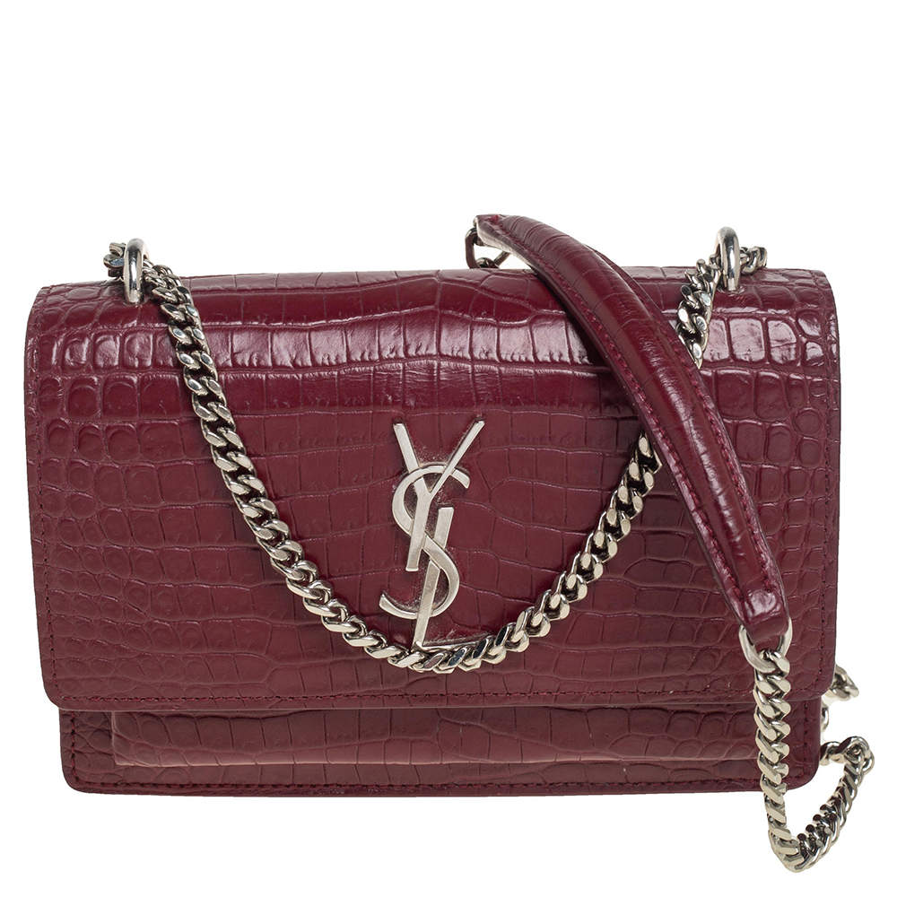  Saint Laurent Burgundy Croc Embossed Leather Sunset Shoulder Bag