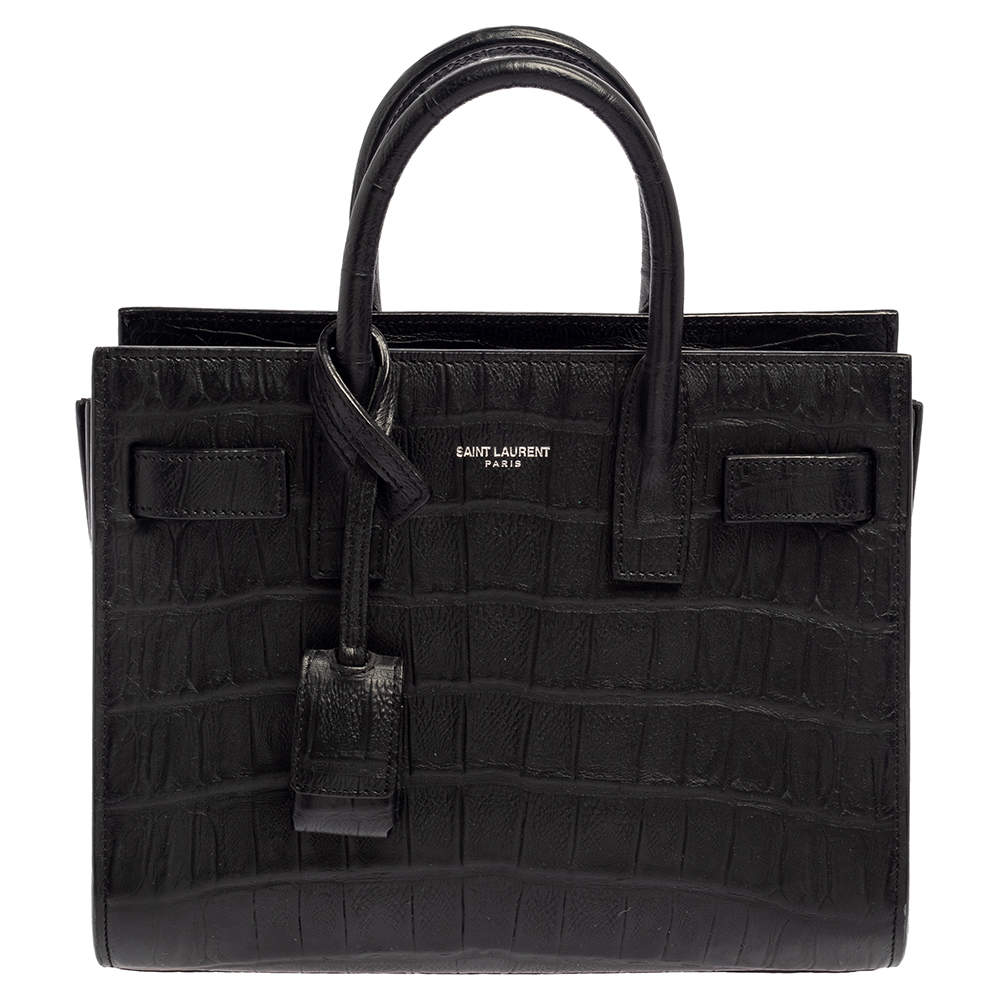 Pre Owned Saint Laurent Black Croc Embossed Leather Nano Classic Sac De Jour Tote