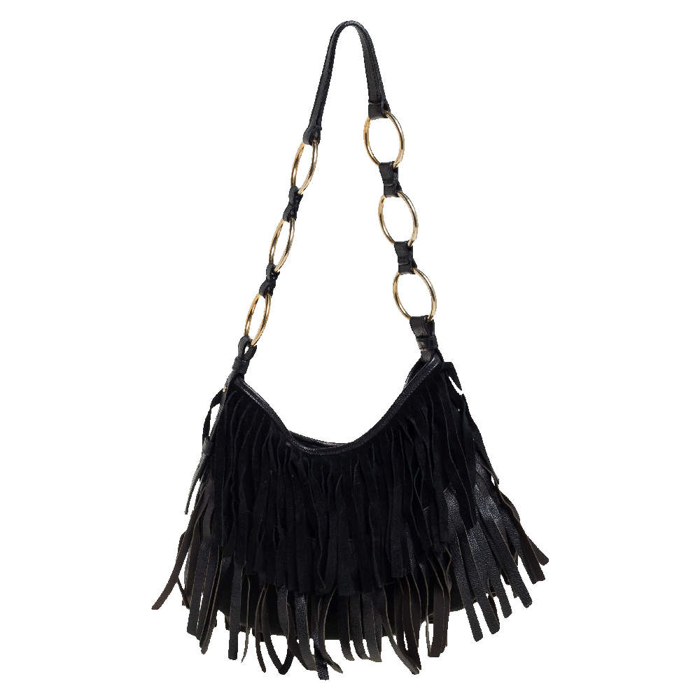 Pre Owned Saint Laurent Black Fringed Suede  and Leather La Boheme Hobo
