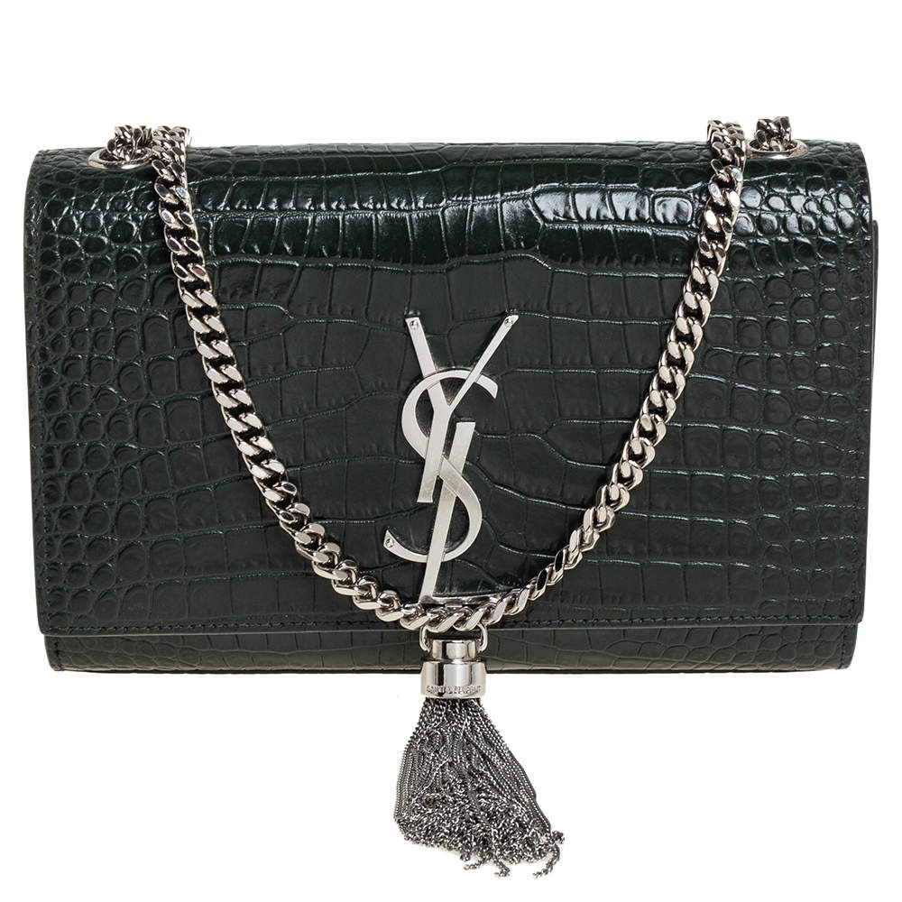 Pre Owned Saint Laurent Green Croc Embossed Leather Small Kate Tassel Crossbody Bag