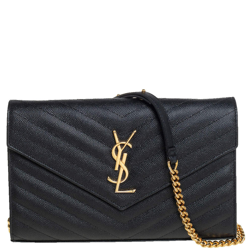 Pre Owned Saint Laurent Black Matelasse Leather Monogram Envelope Wallet on Chain