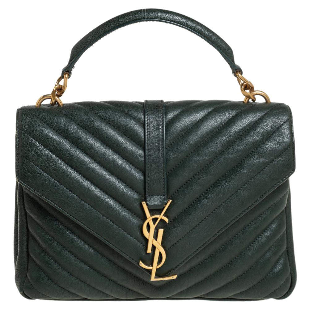 Pre Owned Saint Laurent Green Matelassé Leather Medium College Top Handle Bag