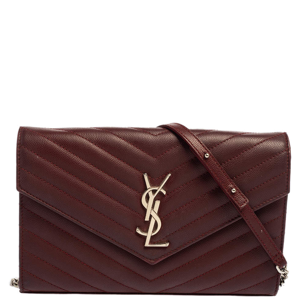 مملوكة مسبقًا Saint Laurent Burgundy Matelassé Leather Monogram Envelope Wallet on Chain