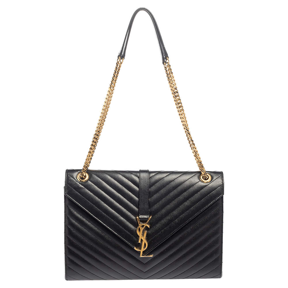 Pre Owned Saint Laurent Black Chevron Quilted Leather Monogram Envelope Shoulder Bag