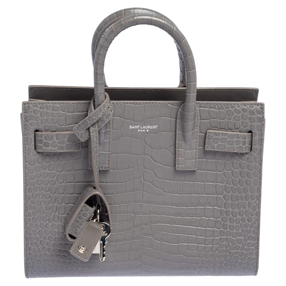 Pre Owned Saint Laurent Grey Croc Embossed Leather Nano Classic Sac De Jour Tote