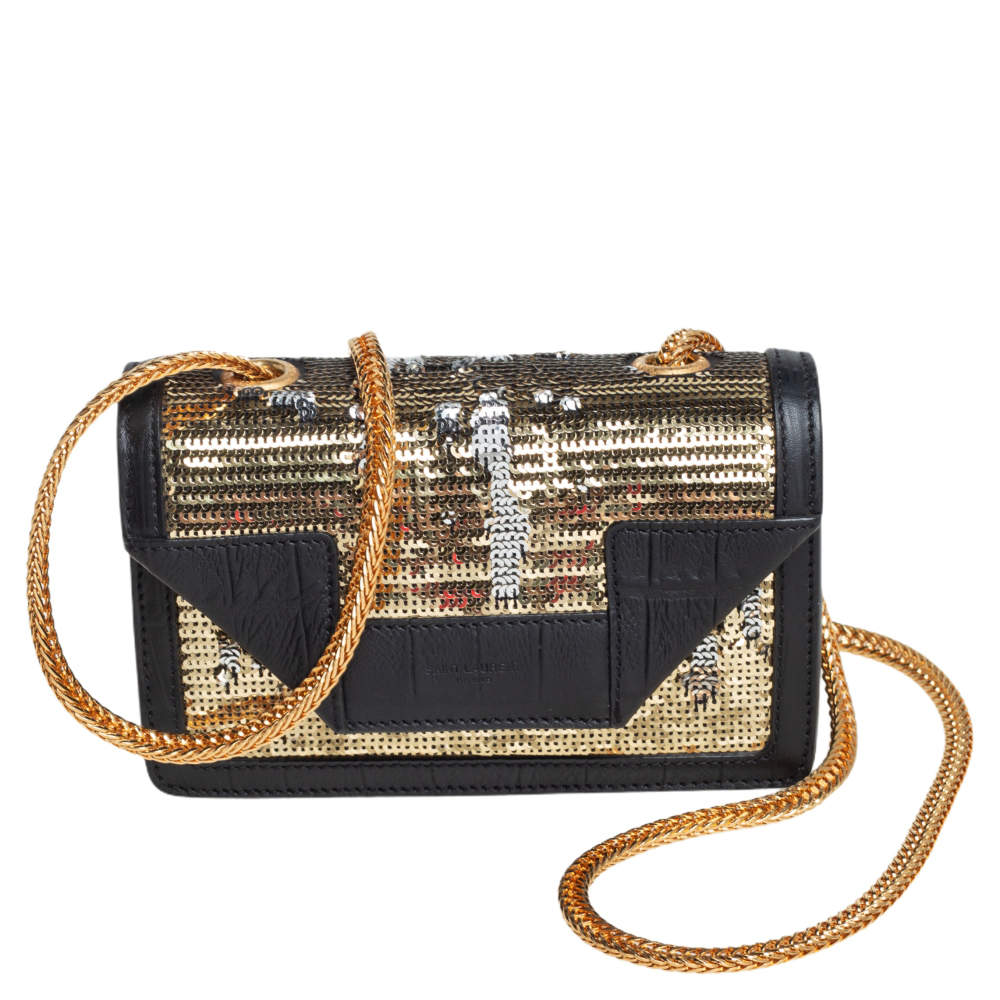 Pre Owned Saint Laurent Gold/Silver Sequin and Croc Embossed Leather Mini Betty Shoulder Bag
