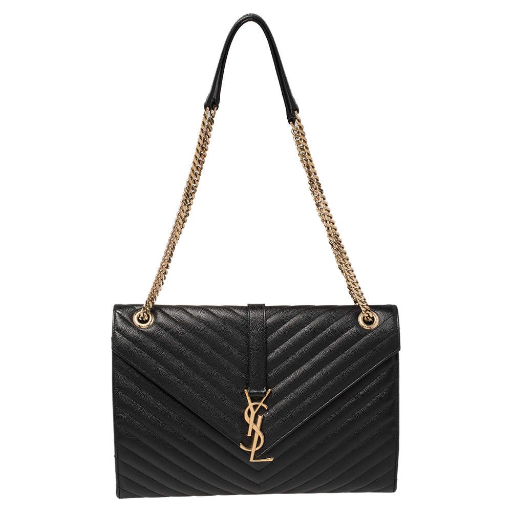 Pre Owned Saint Laurent Black Chevron Quilted Leather Monogram Envelope Shoulder Bag