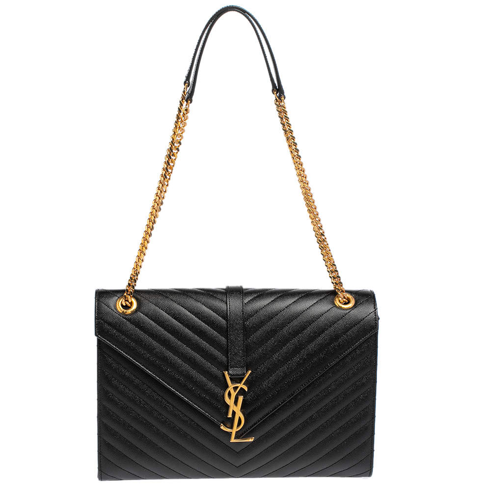 Pre Owned حقيبة كتف سان لوران إنفيلوب جلد شيفرون مبطن مونوغرامي أسود 