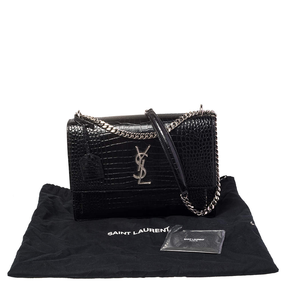 Saint Laurent Sunset Large in Crocodile-Embossed Shiny Leather - Black