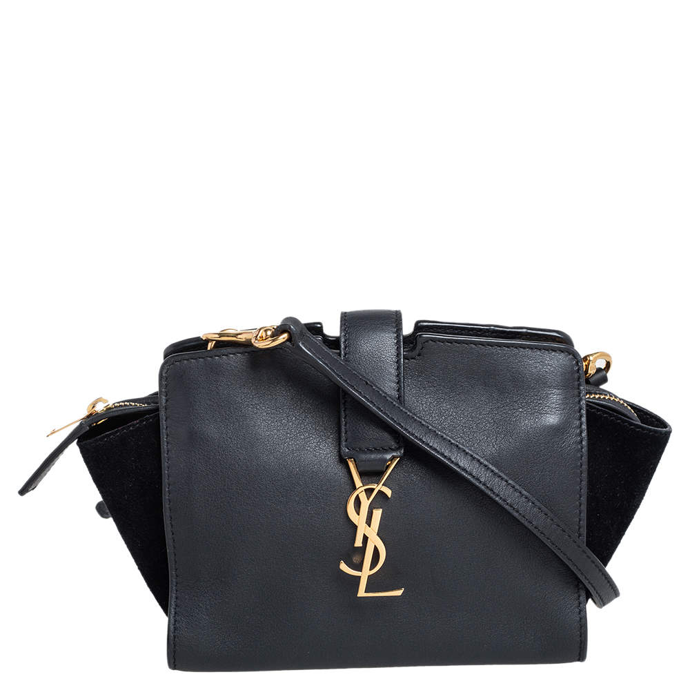 Pre Owned Saint Laurent Black Leather and Suede Monogram Toy Cabas Crossbody Bag
