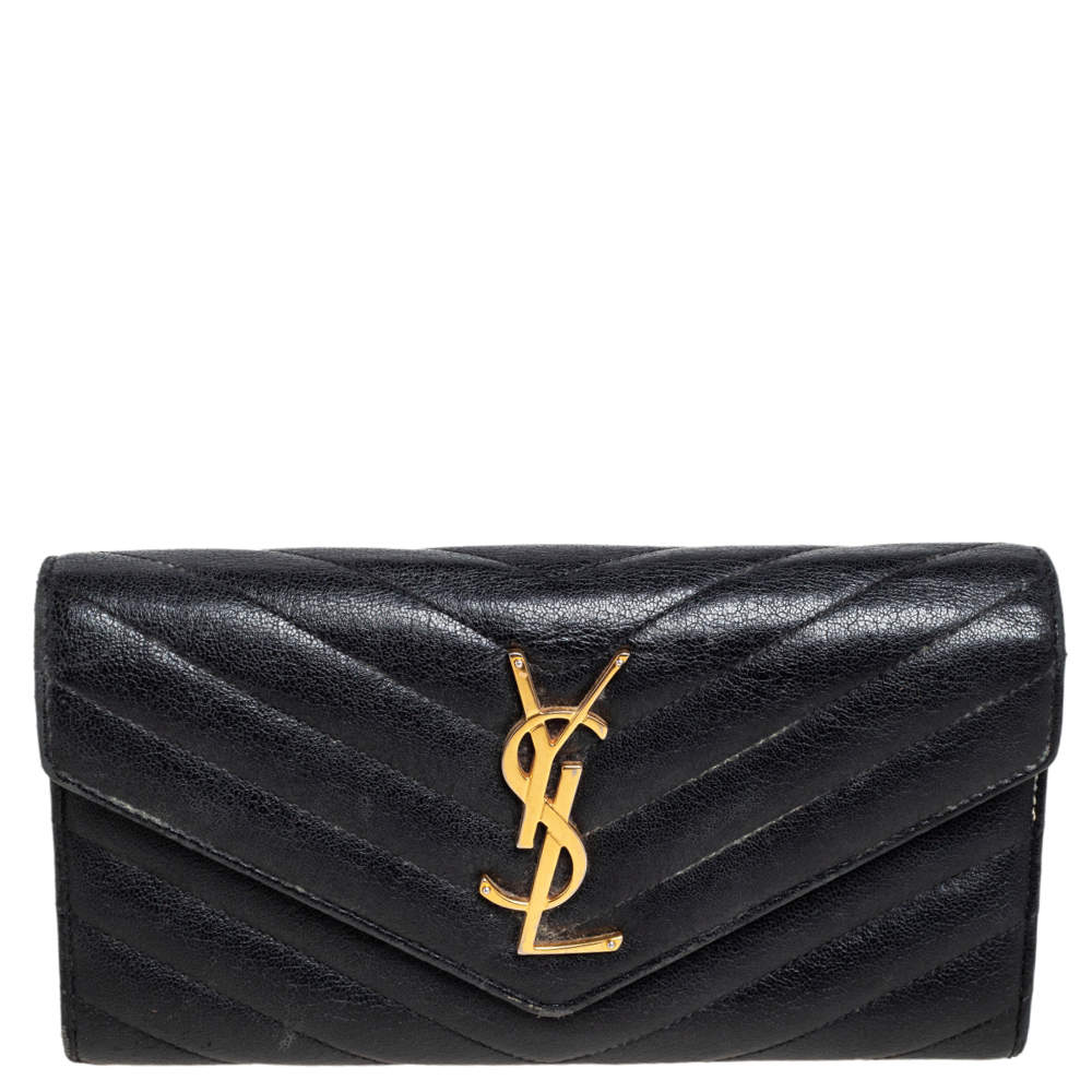 مملوكة مسبقًا محفظة سان لوران كونتينينتال جلد متعرج أسود مظروف مونوغرامي