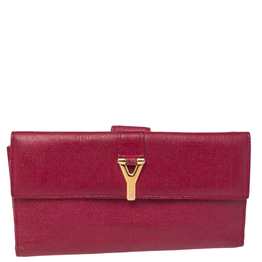 Pre Owned Yves Saint Laurent Magenta Leather Y Ligne Flap Continental Wallet