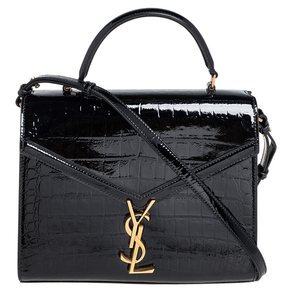 Pre Owned Saint Laurent Black Croc Embossed Patent Leather Medium Cassandra Top Handle Bag