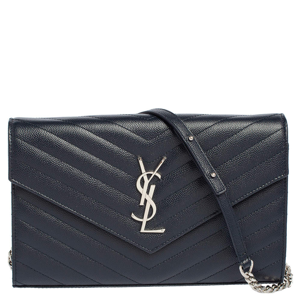 Pre Owned Saint Laurent Navy Blue Matelassé Leather Monogram Envelope Wallet on Chain