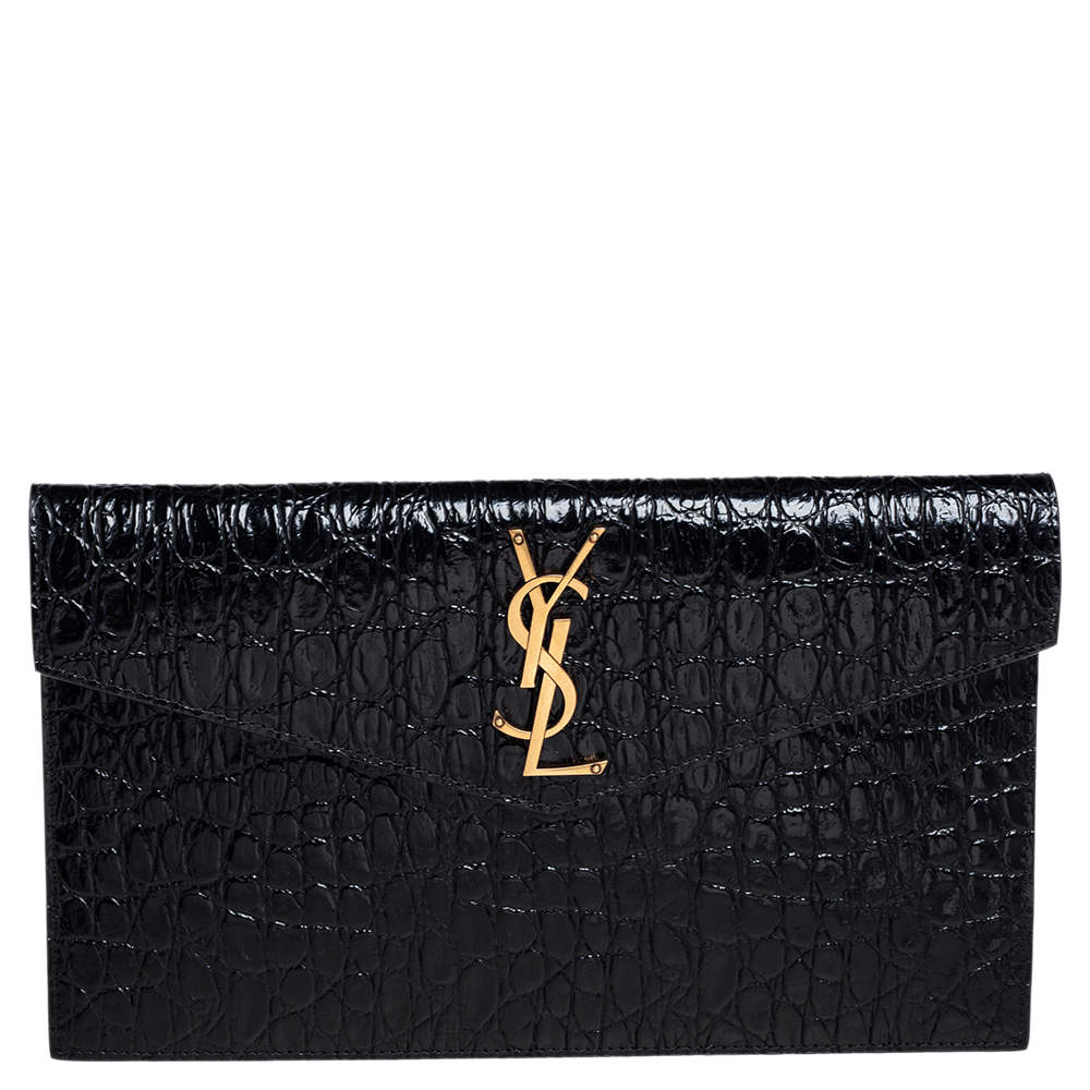 Pre Owned Saint Laurent Black Croc Embossed Leather Uptown Clutch