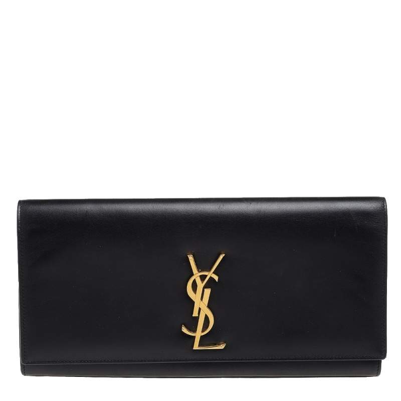 Pre Owned Saint Laurent Black Grained Leather Kate Monogram Clutch