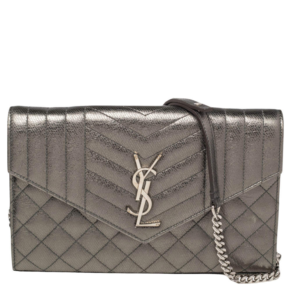 Saint Laurent Metallic Pale Green Tri Quilted Leather Monogram Envelope Chain Shoulder Bag