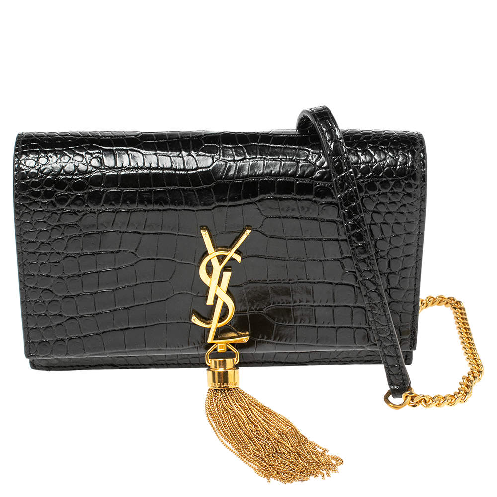 مملوكة مسبقًا Saint Laurent Black Croc Embossed Leather Kate Wallet On Chain