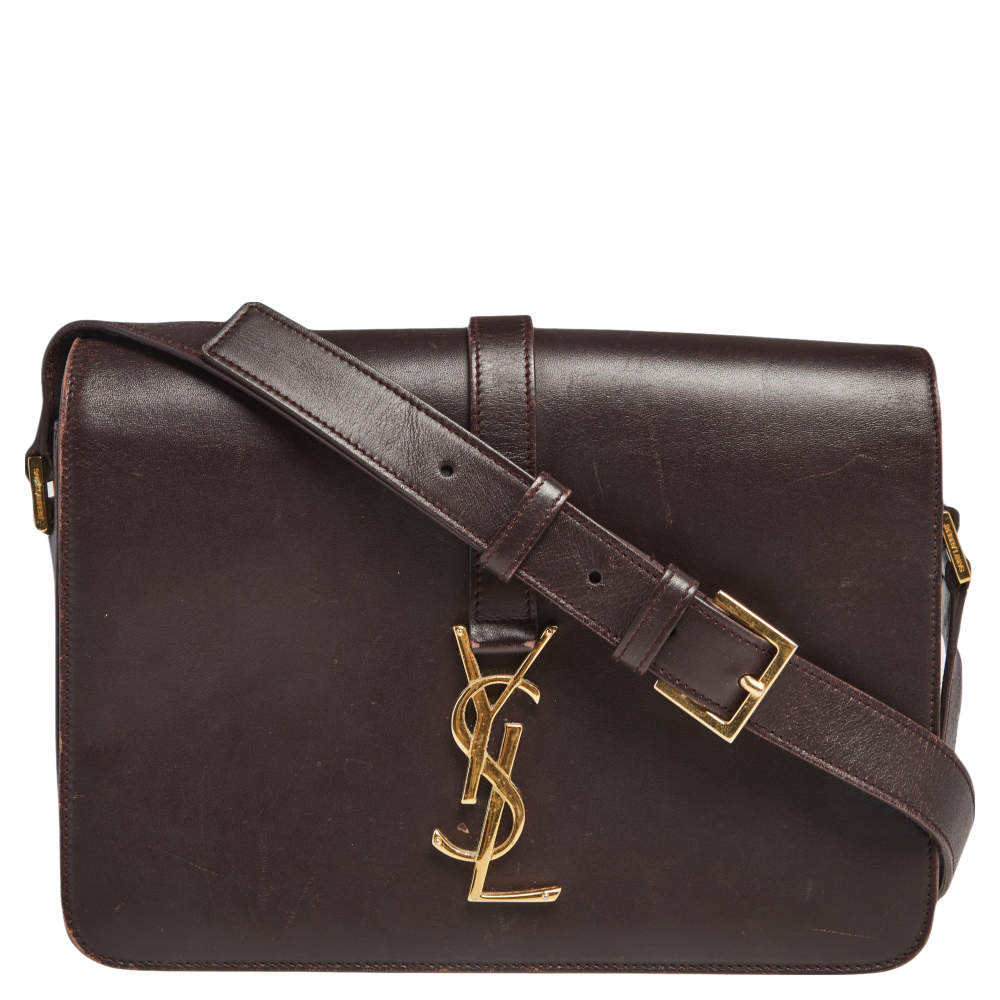 Pre Owned Saint Laurent Dark Burgundy Leather Medium Monogram Université Flap Bag 