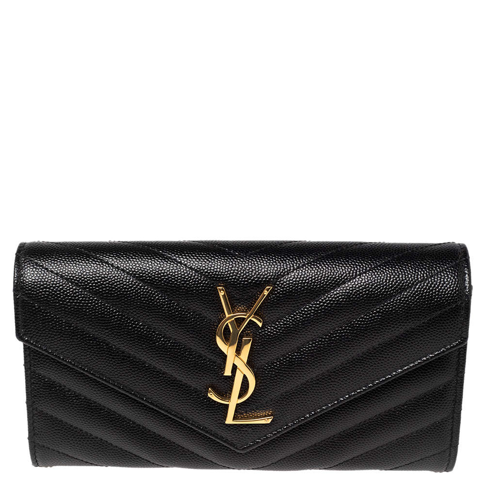 مملوكة مسبقًا Saint Laurent Black Matelassé Leather Flap Monogram Wallet