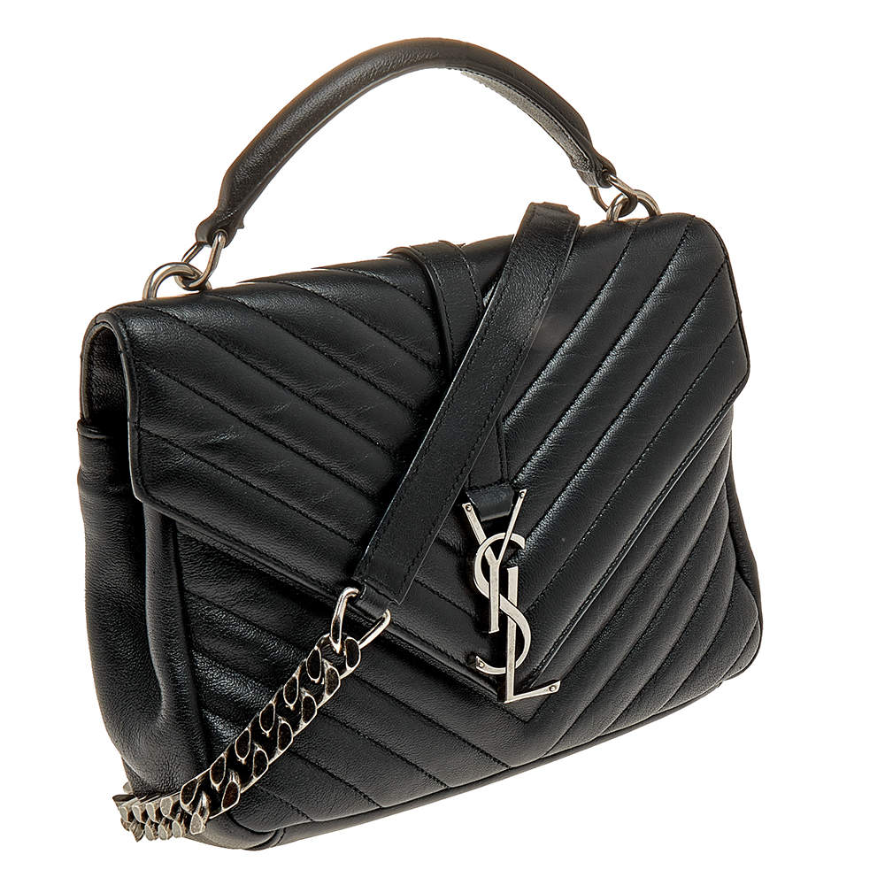 Pre Owned Saint Laurent Black Matelassé Leather Medium College Top Handle Bag