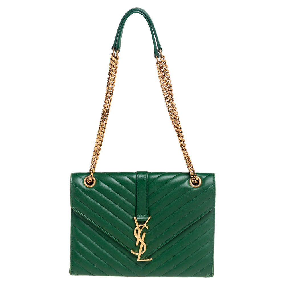 Pre Owned Saint Laurent Green Chevron Leather Medium Cassandre Flap Shoulder Bag