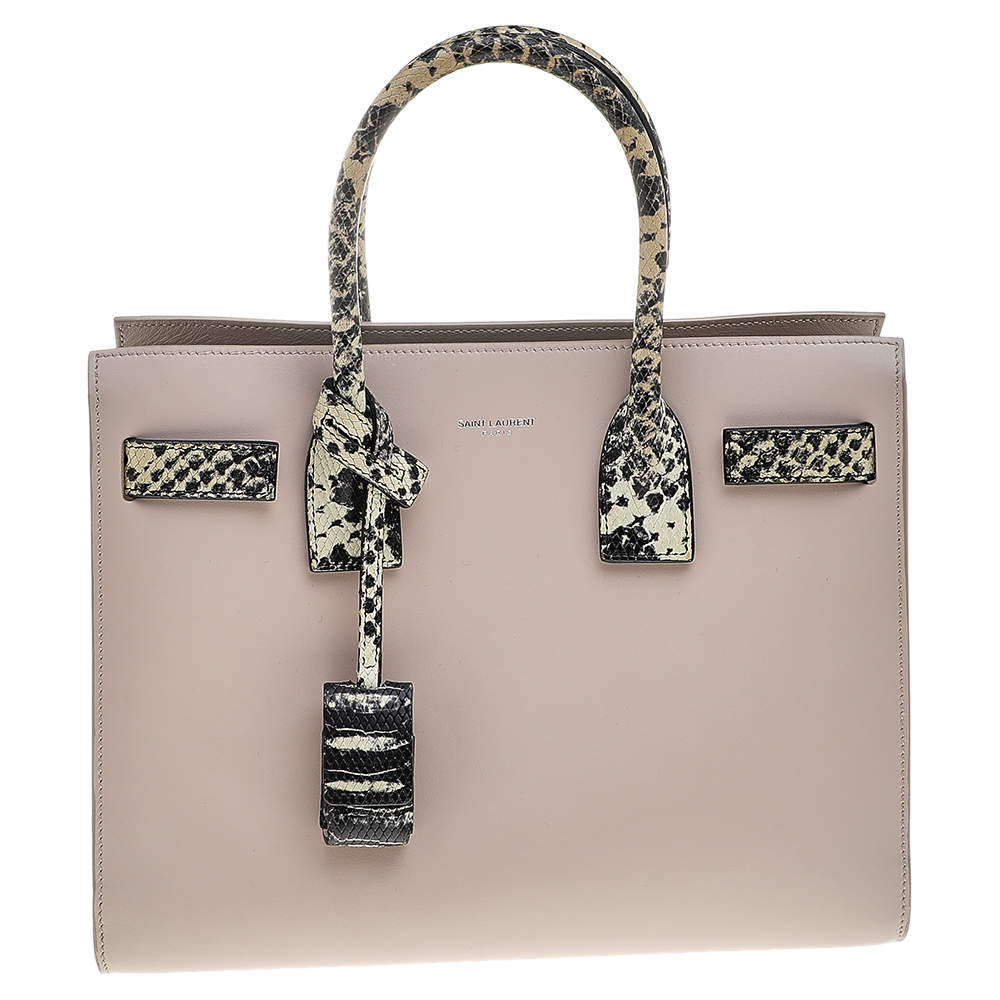 Saint Laurent Pale Pink Leather And Python Embossed Leather Small Sac De Jour Tote 