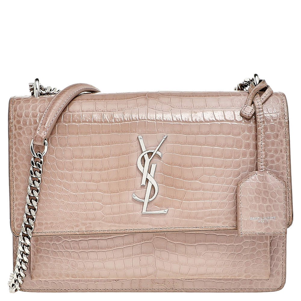 مملوكة مسبقًا  Saint Laurent Beige Croc Embossed Leather Medium Sunset Shoulder Bag