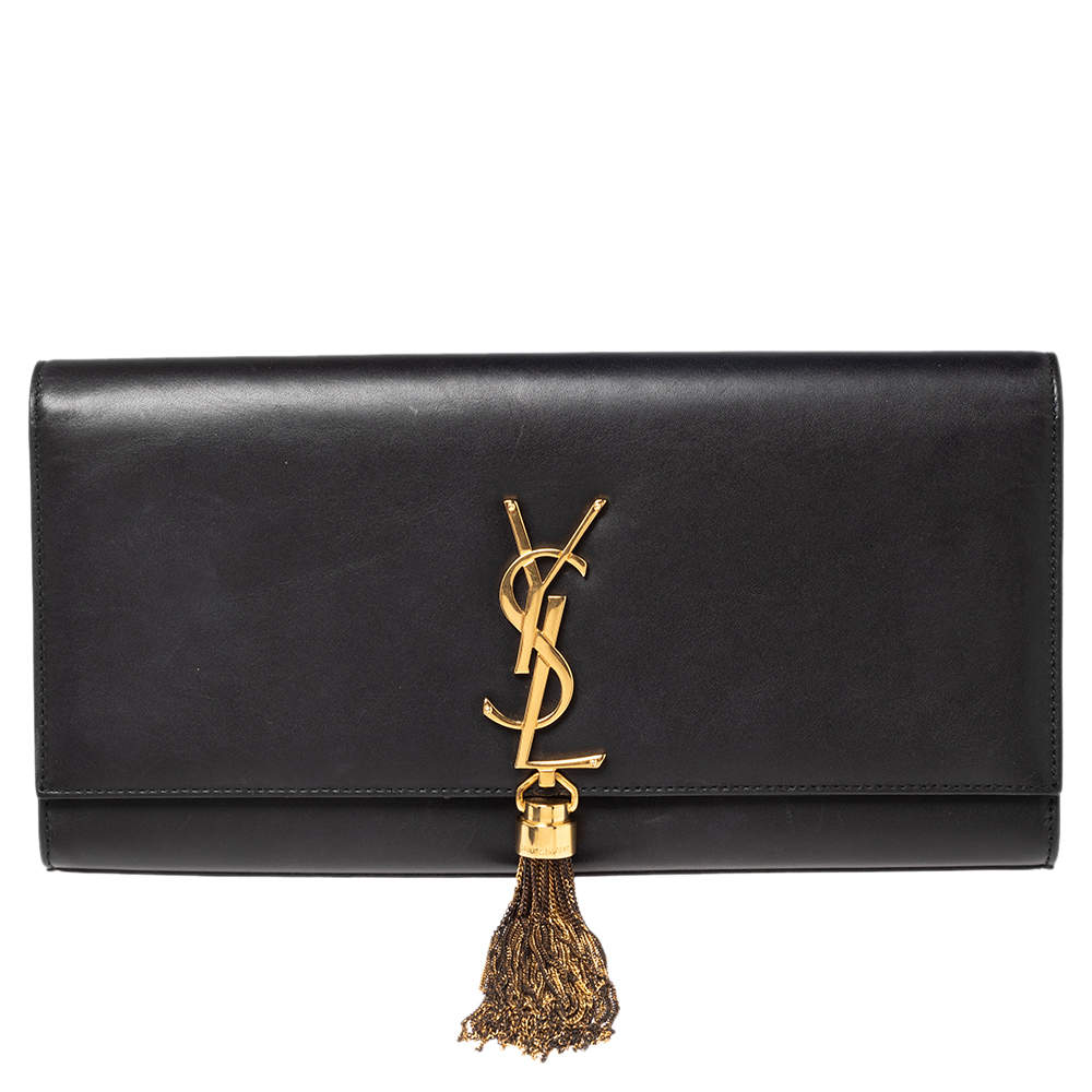 مملوكة مسبقًا حقيبة كلتش سان لوران كيت جلد أسود مزينة دلاية بشراشيب