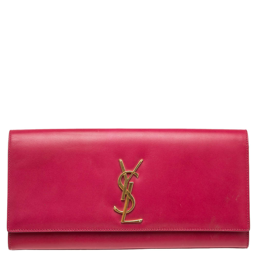 Pre Owned Saint Laurent Magenta Leather Cassandre Clutch