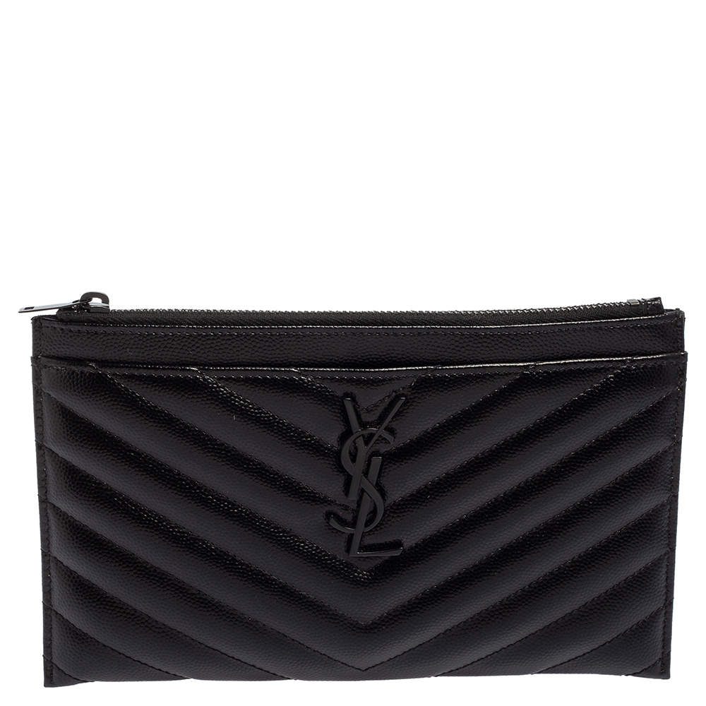 Pre Owned Saint Laurent Black Matelassé Leather Monogram Zip Pouch
